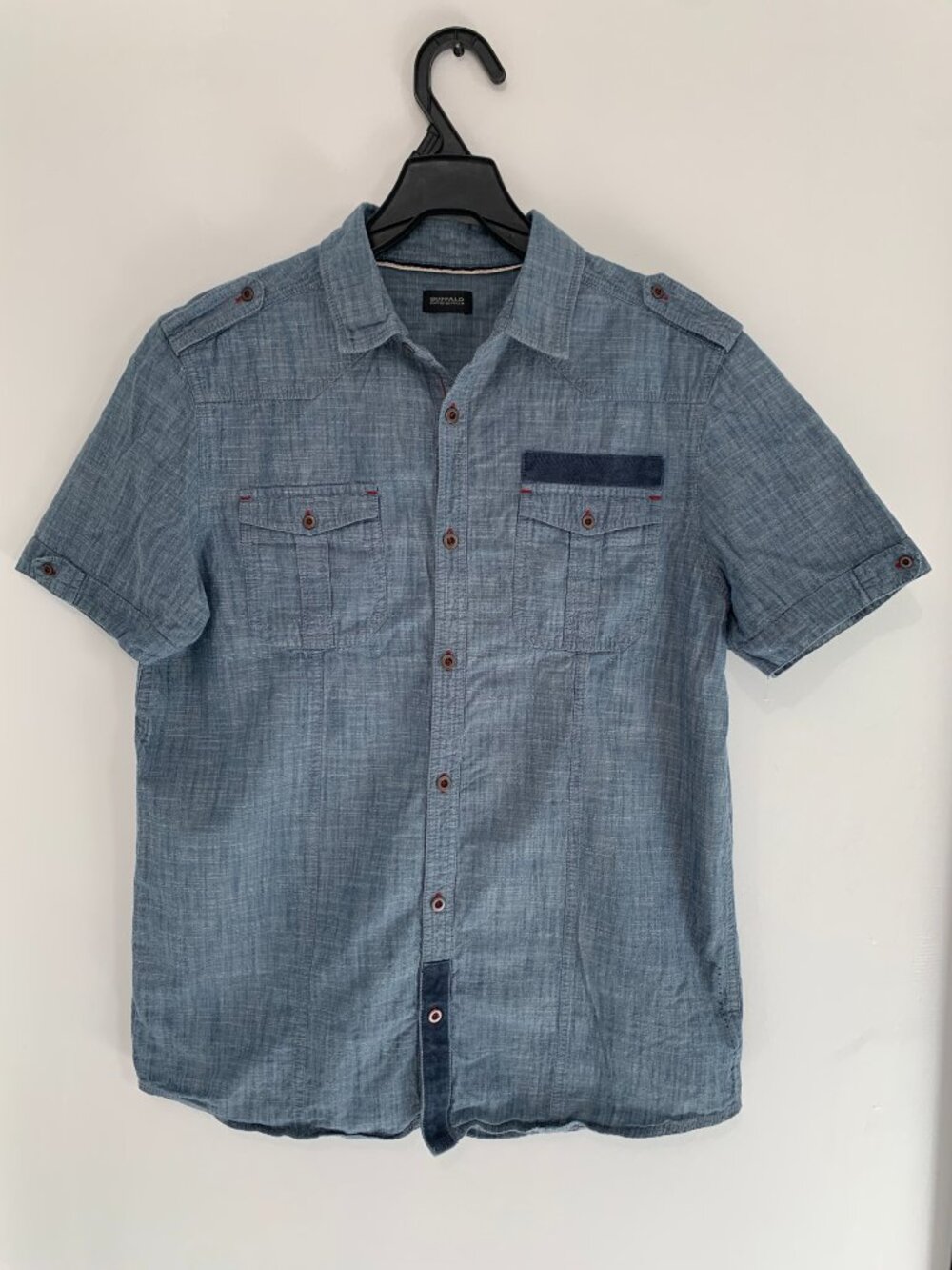 Buffalo David Bitton Mens Blue Short Sleeve Button Down Shirt Chimbray Utility
